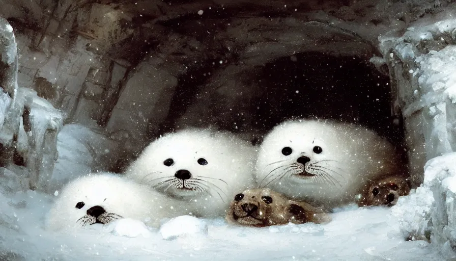 Image similar to highly detailed painting of cute furry white baby seals cuddled up inside snowy fantasy ice crystal cavern by william turner, by greg rutkowski, by william constable, thick brush strokes and visible paint layers, 4 k resolution