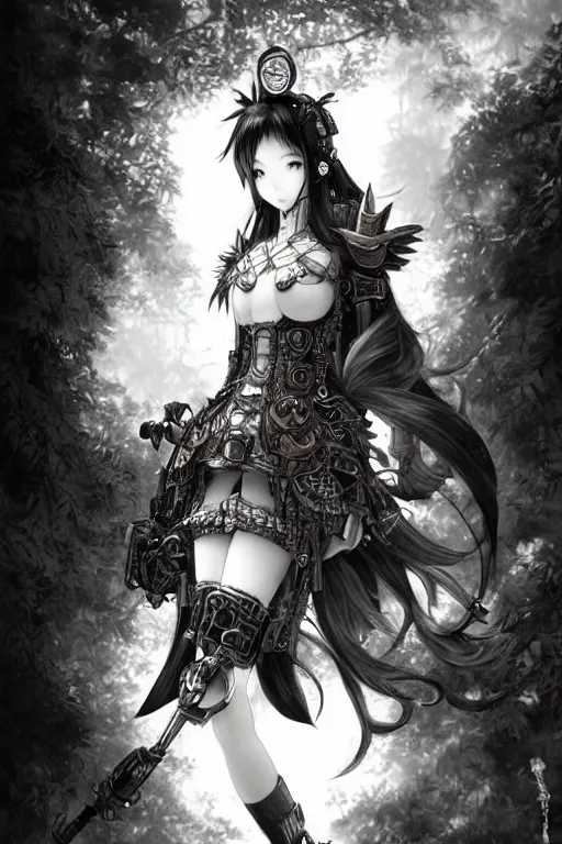 Image similar to a vertical portrait of a character in a scenic environment by Yoshitaka Amano, black and white, dreamy, steampunk armor, black hair, highly detailed