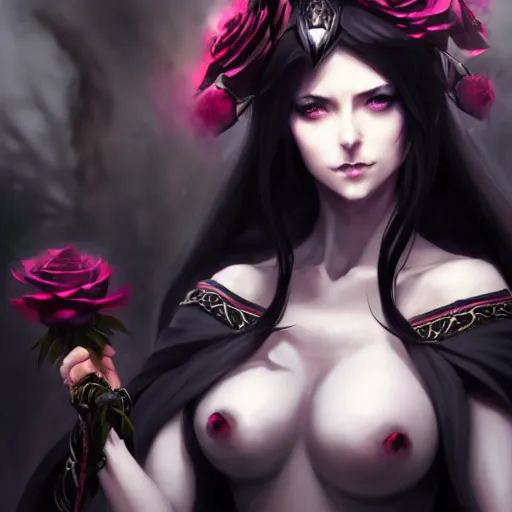 Prompt: beautiful dark sorceress surrounded by black roses horns and skulls, cushart krenz, very detailed, realistic face, detailed face, matte, tonemapping, bbwchan, perfection, 4 k, cushart krenz