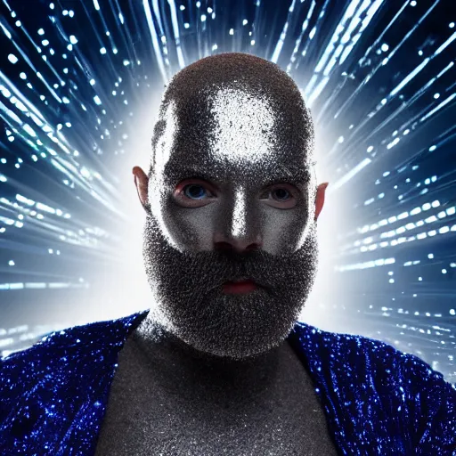 Prompt: portrait photo, a futuristic space wizard with a detailed metallic face, beard made of glowing hombre fiber optic cables, wearing a futuristic dark blue shining shimmering glittered robe, against a vibrant outer space sky