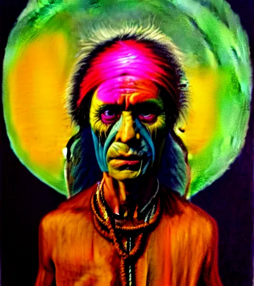 Image similar to Portrait painting in a style of Beksinski mixed with Alex Grey of an old shaman dressed in a colorful traditional clothes.