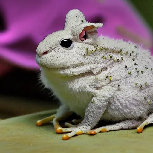 Image similar to photo of hybrid between an angora rabbit and a frog toad