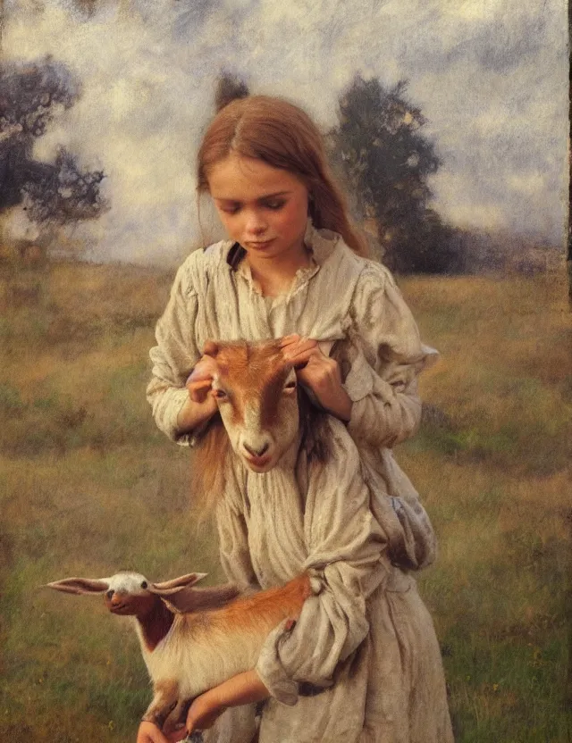 Prompt: portrait of little peasant girl petting a goat, cottage core, polaroid photo bleached vintage pastel colors high - key lighting, soft lights, foggy, by steve hanks, by lisa yuskavage, by serov valentin, by tarkovsky, 8 k render, detailed, oil on canvas