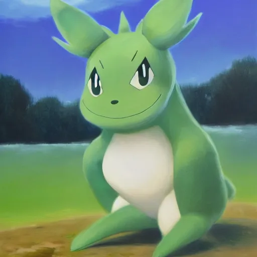 Image similar to Leavanny standing over a defeated rockruff, oil on canvas