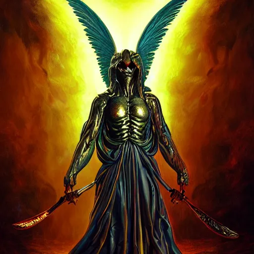 Image similar to photorealistic biblically accurate demonic alien archangel the style of michael whelan and gustave dore. hyperdetailed photorealism, 1 0 8 megapixels, amazing depth, glowing rich colors, powerful imagery, psychedelic overtones, 3 d finalrender, 3 d shading, cinematic lighting, artstation concept art