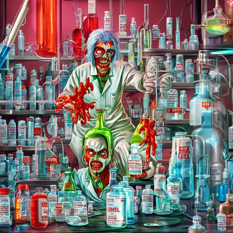 Prompt: hyperdetailed cyber fun 70's poster painting in a color style of 70's black poster art of an a crazy pharmacist zombie in a chemical laboratory with chemical beakers, holding a giant jar of pills, large syringe in background, syringe, drugs, chemical substances, epic scale ultrawide angle, 3D rendered, Vray rendered, octane render, unreal engine