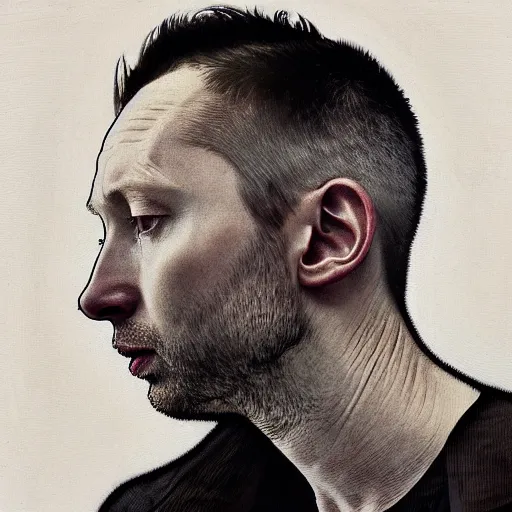 Prompt: hyper realistic portrait of cleanshaven thom yorke short haired variations singer songwriter ok computer, ( side ) profile, liminal space, by lee bermejo, alphonse mucha and greg rutkowski