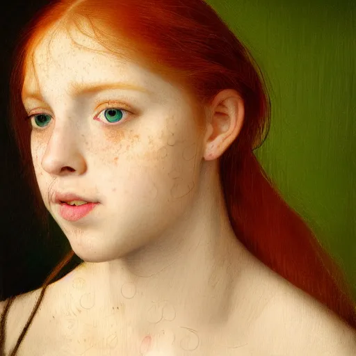 Prompt: portrait of a red haired girl, long hair, green eyes, hint of freckles, beautiful round face, soft amazed smiles, among golden fireflies, highly detailed, deep focus, elegant, digital painting, smooth, sharp focus, golden ratio, illustration, ultra realistic, 8 k, art by artemisia lomi gentileschi and elisabeth vigee le brun