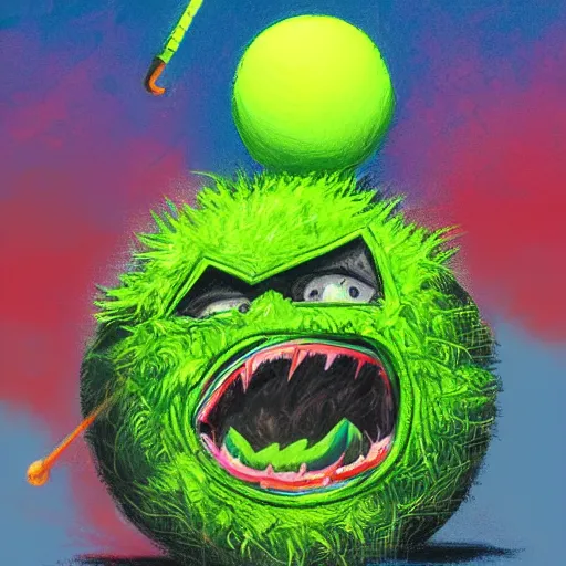 Image similar to a tennis ball monster ,tennis ball, spacetime, chalk, digital art, fantasy, magic, trending on artstation, ultra detailed, professional illustration by Basil Gogos