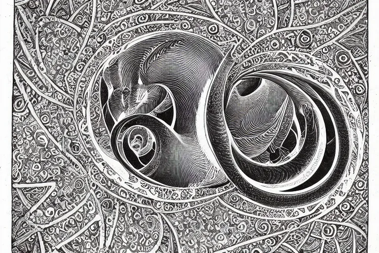 Image similar to an ornate illustration in the styles of mandalas and fractals, the styles of escher and penrose, depicting a weasel staring deep into the heart of the impossible all - and - nothing of the emerging singularity ; / what has god wrought? / he seems to be whispering.