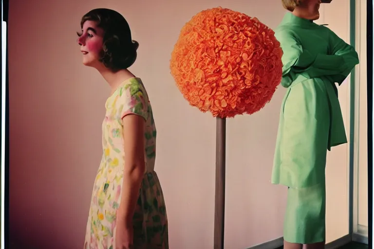 Image similar to giant flower head, girl standing, 1 9 6 0 s hotel, surreal photography, centered frontal, symmetry, mid century, bright colours, wes anderson