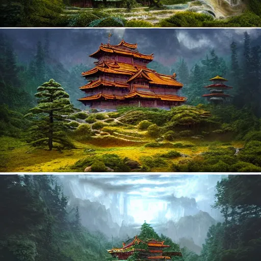 Image similar to A beautiful hyper realistic detailed matte painting of a bonsai tree shaped temple nestled in forest mountains by John Howe and Albert Bierstadt and Alena Aenami and dan mumford and dave noton, unreal engine, trending on behance