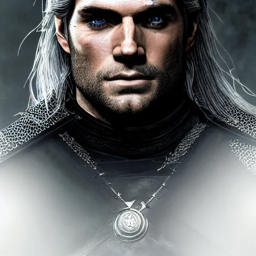 Prompt: an epic portrait of henry cavill as witcher, witcher, handsome, white hair, detailed face, epic fantasy art, trending on artstation, deviantart, high detail, high definiton, ultra realistic, hyper realistic, photo realistic, 4 k uhd,