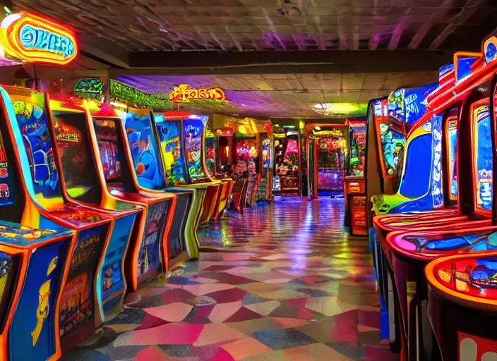 Prompt: interior shot of a large 8 0's arcade, 8 k, highly detailed, dimly lit