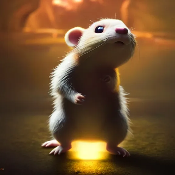 Prompt: a movie still from final fantasy live action, a ferret from detective pikachu, evocative, mystical night, sharp focus, very very very very detailed, award winning, masterpiece digital painting by greg rutkowski, alex grey, marc adamus, beautiful dramatic lighting, artstation, 4 k wallpaper, style by peter deligdisch, peterdraws