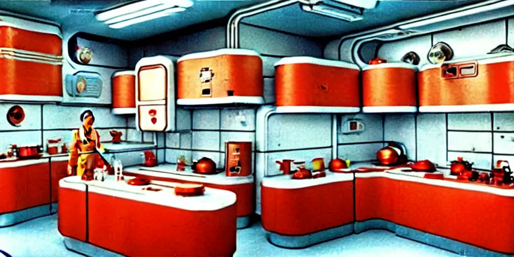 Image similar to soviet retro - futuristic kitchen, space station