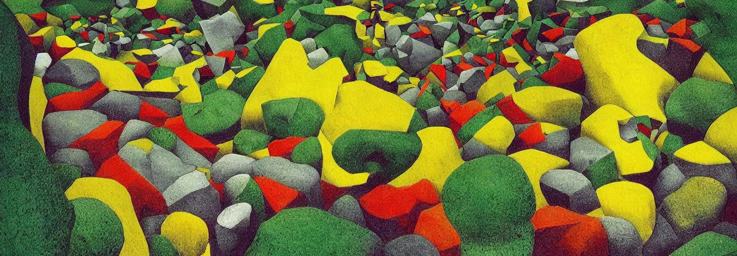 Image similar to a rock garden by m. c. escher, yellow, green, red, snowy, ultra sharp, ultra detailed, cyberpunk, happy, uplifting, colorized by salvador dali