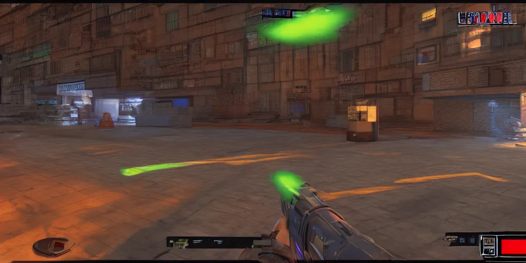 Image similar to screenshot of duke nukem 3 d, dos, videogame, neon glow, lens flare, 8 k