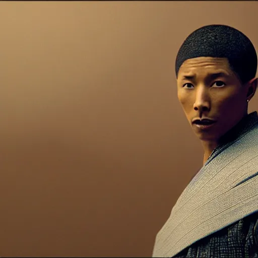 Image similar to cinematic film still Pharrell Williams starring as a Samurai holding fire, Japanese CGI, VFX, 2003, 40mm lens, shallow depth of field,film photography