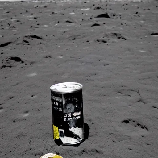Image similar to photo of an electric guitar sitting idle and a beer can sitting idle on the moon surface. nuclearpunk