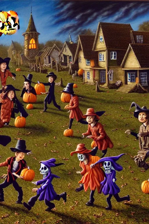 Prompt: a hyperrealistic painting of an autumn village trick or treaters being chased by witches and skeletons, by chris cunningham and richard corben, highly detailed, vivid color,