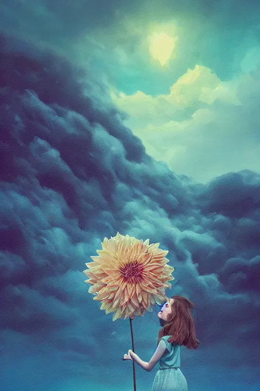 Image similar to closeup giant dahlia flower as head, girl standing on mountain, surreal photography, blue storm clouds, dramatic light, impressionist painting, digital painting, artstation, simon stalenhag