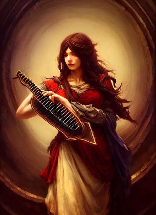 Image similar to bard playing lute, full body, hyper realistic, extremely detailed, dnd character art portrait, dark fantasy art, intricate fantasy painting, dramatic lighting, vivid colors, deviantart, artstation, by clyde caldwell and krenz cushart and artem demura and john williams waterhouse