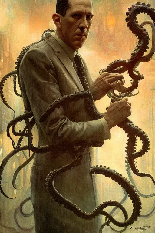 Image similar to , h p lovecraft with octopus tentacles hyperrealistic portrait, bladerunner street, art of elysium by jeremy mann and alphonse mucha and greg rutkowski, fantasy art, photo realistic, dynamic lighting, artstation, poster, volumetric lighting, very detailed face, 4 k, award winning