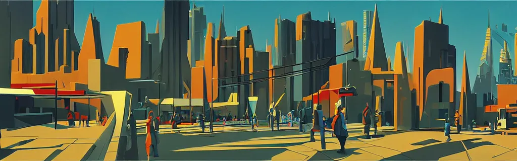 Image similar to sci - fi city street with faceted angular buildings, modernism, gouache, animated film, stylised, illustration, by eyvind earle, scott wills, genndy tartakovski, syd mead