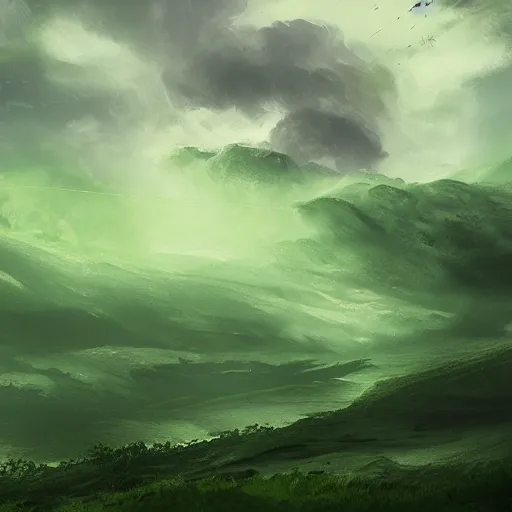 Image similar to roiling green fog clouds, artstation fantasy landscapes