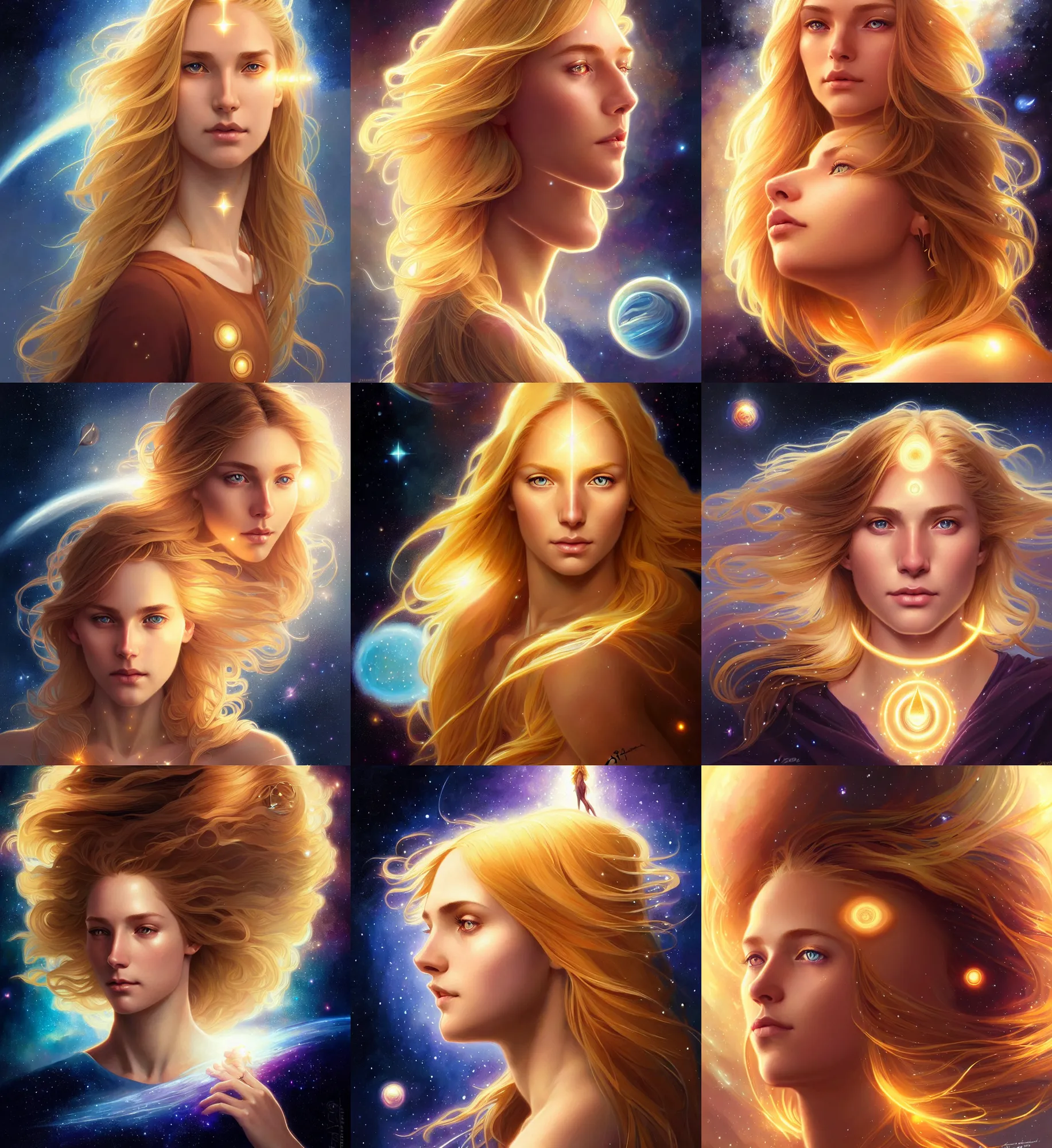 Prompt: portrait of a beautiful majestic golden haired girl with open third eye chakra, third eye, attractive sci - fi face, space background, breathtaking stars, elegant, highly detailed, digital painting, artstation, concept art, smooth, sharp focus, illustration, art by artgerm and greg rutkowski and alphonse mucha