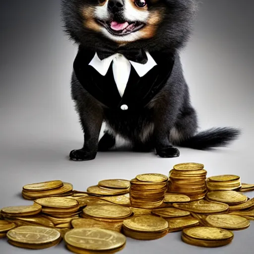 Image similar to A pomeranian wearing a top-hat and a monocle over its left eye, sitting on a pile of gold coins