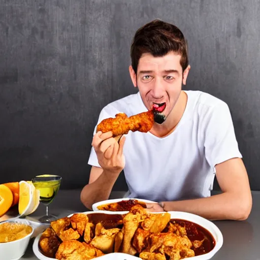 Image similar to a very skinny man feasting on chicken drumsticks