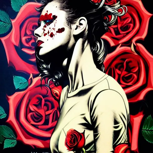 Image similar to portrait of britainwoman :: side profile :: in ocean :: roses and guns metal details :: gold :: blood and horror :: by marvel and Sandra Chevrier