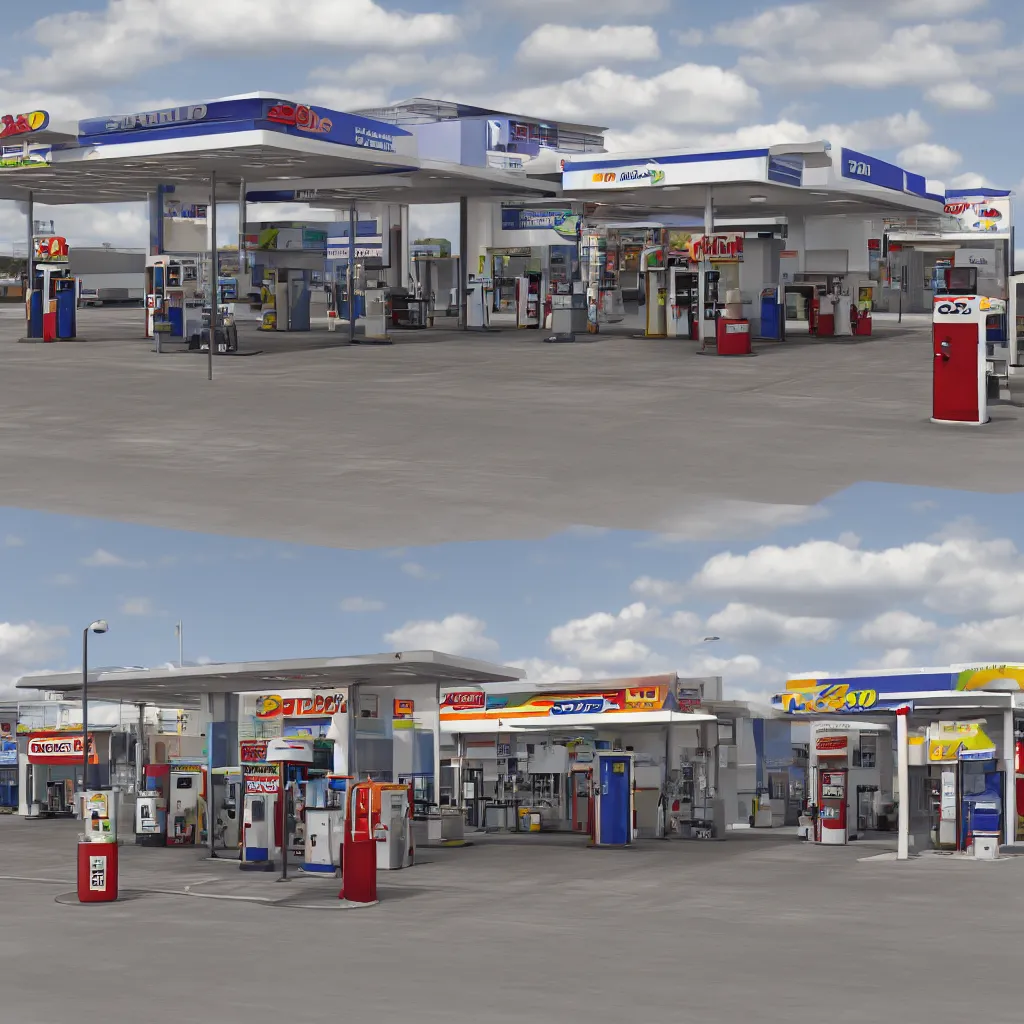 Image similar to hyper realistic 3 d rendering of studio shot of gas station isolated on white background, hd, hdr, ultra detailed, high resolution