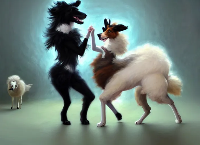 Image similar to wide shot painting of a male anthropomorphic border collie fursona dancing with a cute female anthropomorphic sheep fursona in a ballroom, beautiful, intricate, elegant, realistic proportions, highly detailed, scenic background, trending on artstation, art by charlie bowater and henry asencio and and ross tran