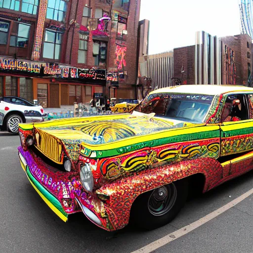 Prompt: wide angle panoramic photo of an indigenous chologoth shaman dressed with a quetzalcoatl feathered serpent on top of a golden lowrider car in brooklyn