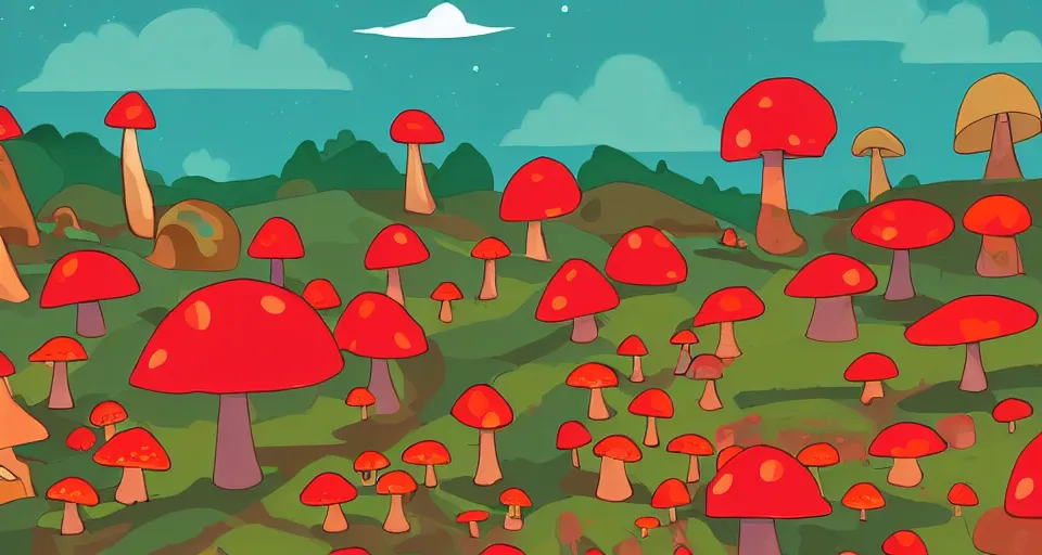 Image similar to A tribal village in a forest of giant mushrooms, by Kurzgesagt,