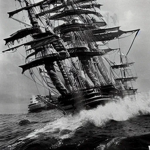 Image similar to an impossibly huge pirate ship, being attacked by a kraken, giant tentacles. 1980s photograph