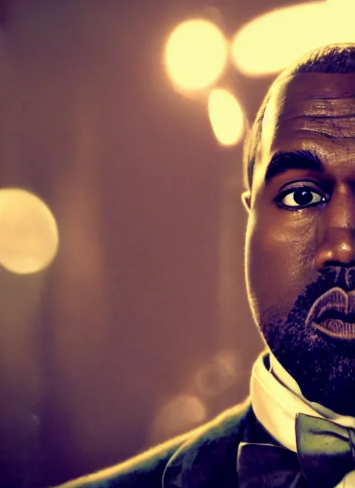 Image similar to portrait kanye west as willy wonka in django unchained, splash art, movie still, cinematic lighting, long lens, shallow depth of field, bokeh, anamorphic lens flare, 8 k, hyper detailed, 3 5 mm film grain