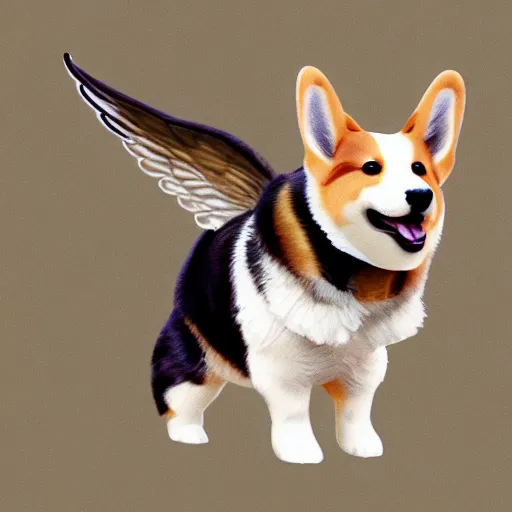 Image similar to corgi with [ angelic wings ]!!, [ flying like a superhero ]!! in the [ night sky ]!! where the stars are visibly perceptible, [ realistic photo ]!!, [ 4 k photorealism ]!!, trending on artstation