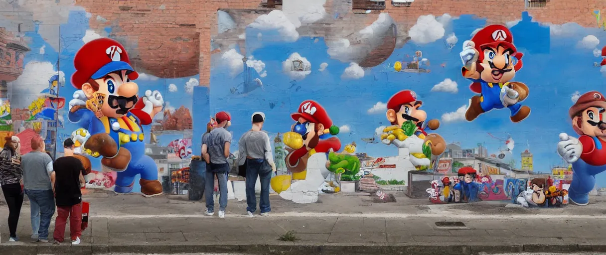 Prompt: highly detail people watch some educational mural about big mario bross gameplay in wall near local stadium, 8 k uhd, rgba color, by banksy, fintan magee