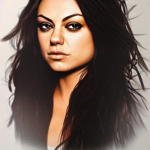 Image similar to mila kunis, head and shoulders portrait, extremely detailed masterpiece, one single continues line.