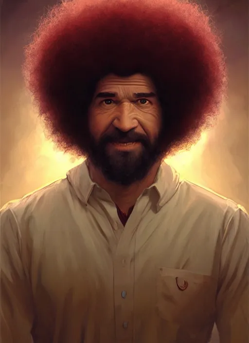 Image similar to Portrait of Bob Ross, white glowing eyes, maroon coloured afro, male, fantasy, extremely detailed, digital painting, artstation, concept art, smooth, sharp focus, illustration, stunning lighting, art by artgerm and greg rutkowski and alphonse mucha and simon stalenhag, realistic character concept, high fantasy, light atmosphere, golden ratio, cinematic lighting, hyperdetailed, high resolution, insanely detailed and intricate, artstation, Marc Simonetti, Greg Rutkowski, 8k