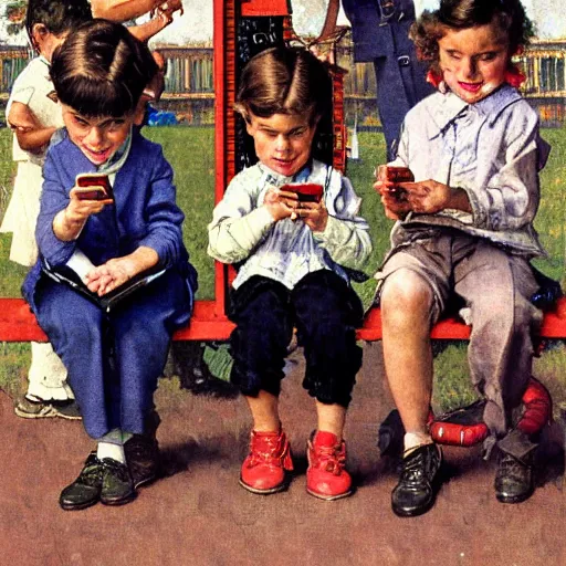 Prompt: children at a playground on smartphones, by norman rockwell
