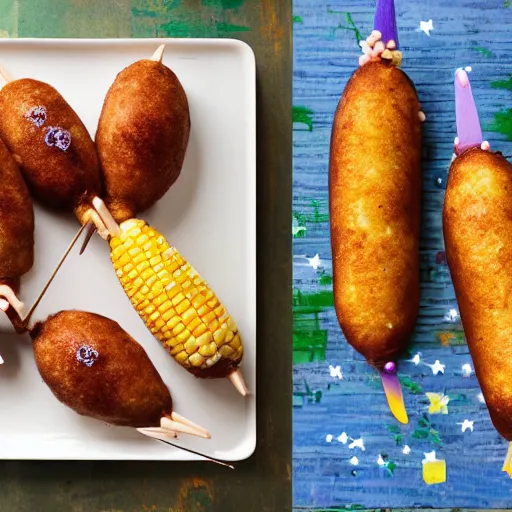 Image similar to corn dogs, mermaid themed birthday cake, food photography,