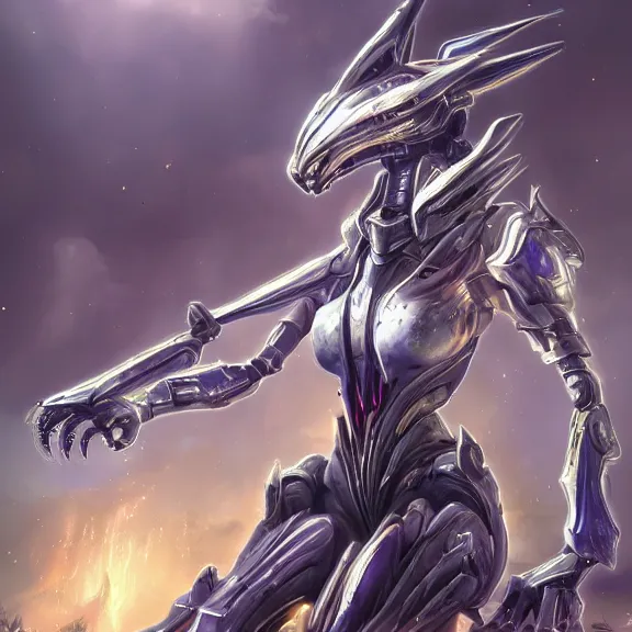 Image similar to extremely detailed ground shot of a giant 1000 meter tall beautiful stunning female warframe goddess, that's a anthropomorphic hot robot mecha female dragon, silver sharp streamlined armor, detailed head, sharp claws, glowing Purple LED eyes, sitting cutely on a mountain, behind a tiny village, dragon art, warframe fanart, Destiny fanart, micro art, macro art, giantess art, furry art, furaffinity, high quality 3D realism, DeviantArt, Eka's Portal, HD