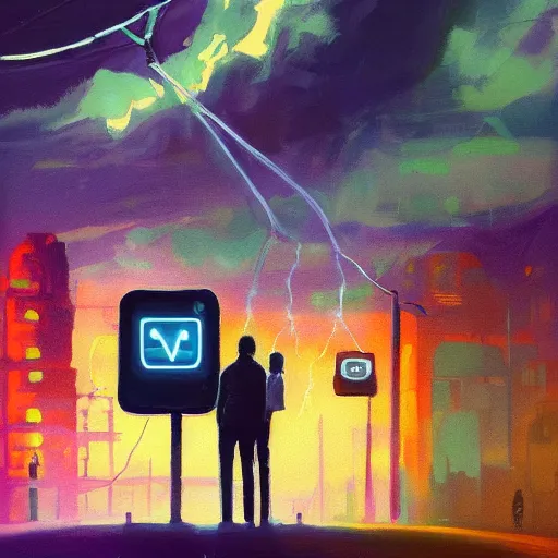 Image similar to a beautiful painting about michael lehr and michael lehr, trending on artstation No-Depressionists michael howe, michael howe, trending on artstation A electricity themed world invented entirely