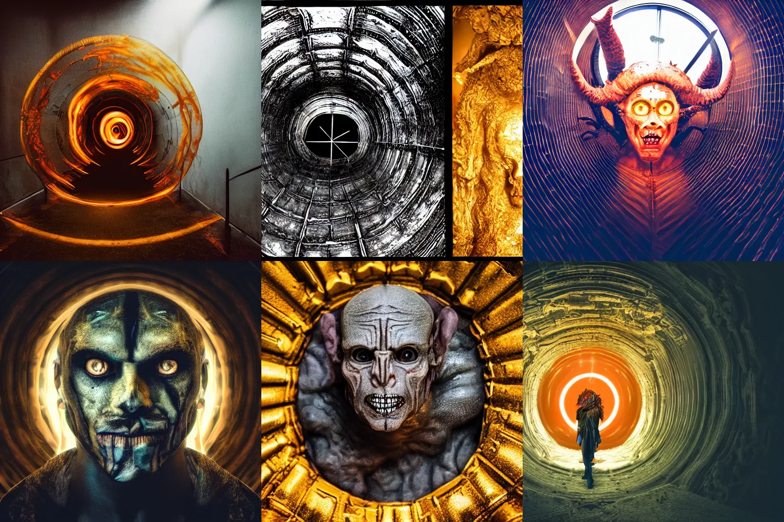 Prompt: portrait photography of a neceonomicron demon character in a hell portal, golden ratio, cinematography composition