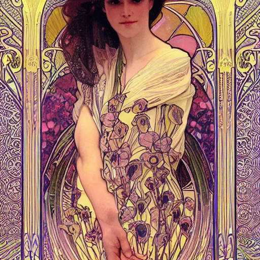 Prompt: a seamless pattern, a pattern of irises and calla lilies, repeating art, symmetry, aligned edges, art by alphonse mucha, art by sherree valentine daines